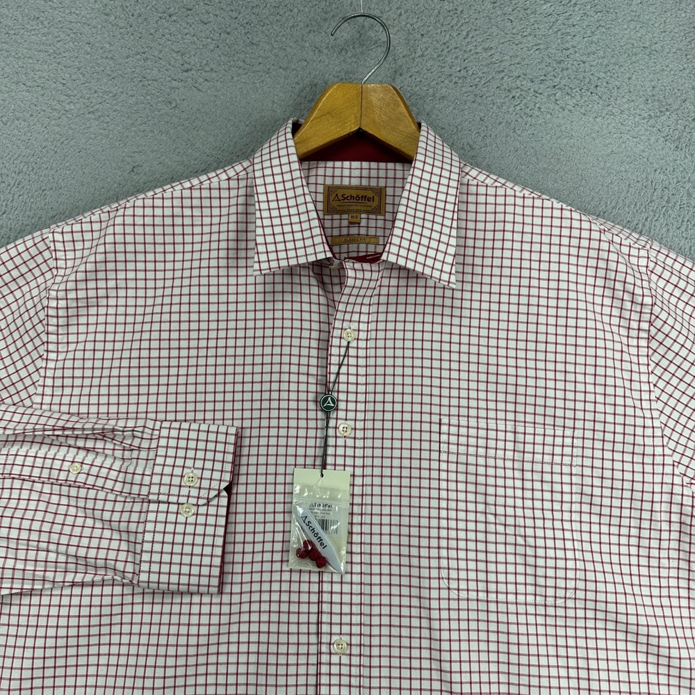 Schoffel Mens Western Dress Shirt 18.5 White Red‎ Check Classic Fit Pocket NEW